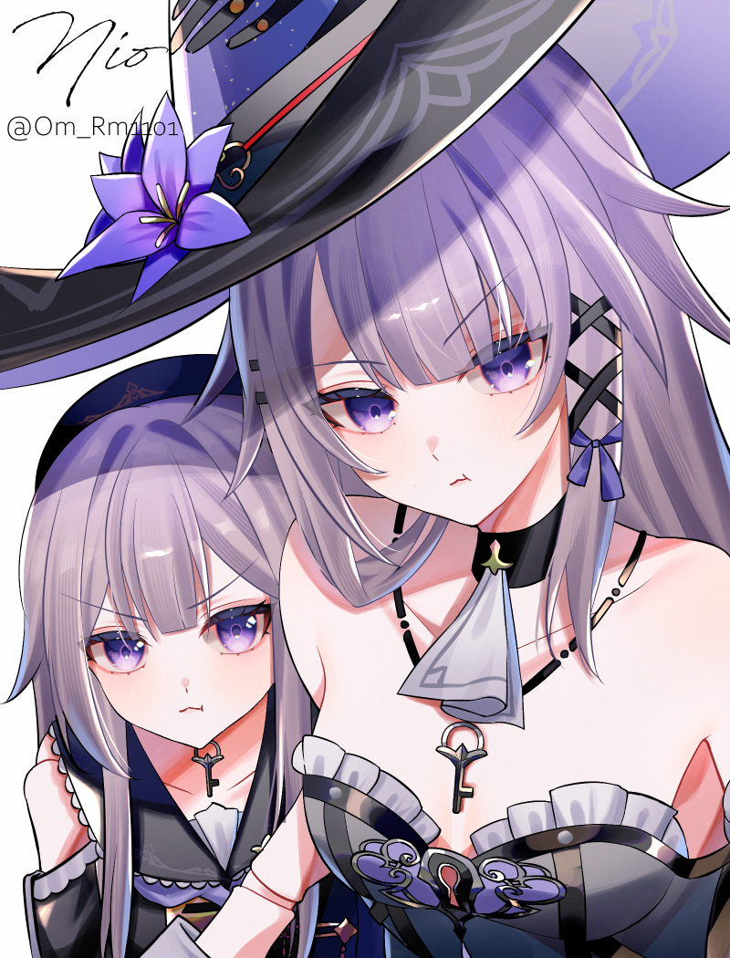 2girls :t bare_shoulders black_choker black_hat choker grey_hair hat herta_(honkai:_star_rail) honkai:_star_rail honkai_(series) jewelry key key_necklace long_hair looking_at_viewer multiple_girls necklace om_rm1101 purple_eyes the_herta_(honkai:_star_rail) upper_body white_background