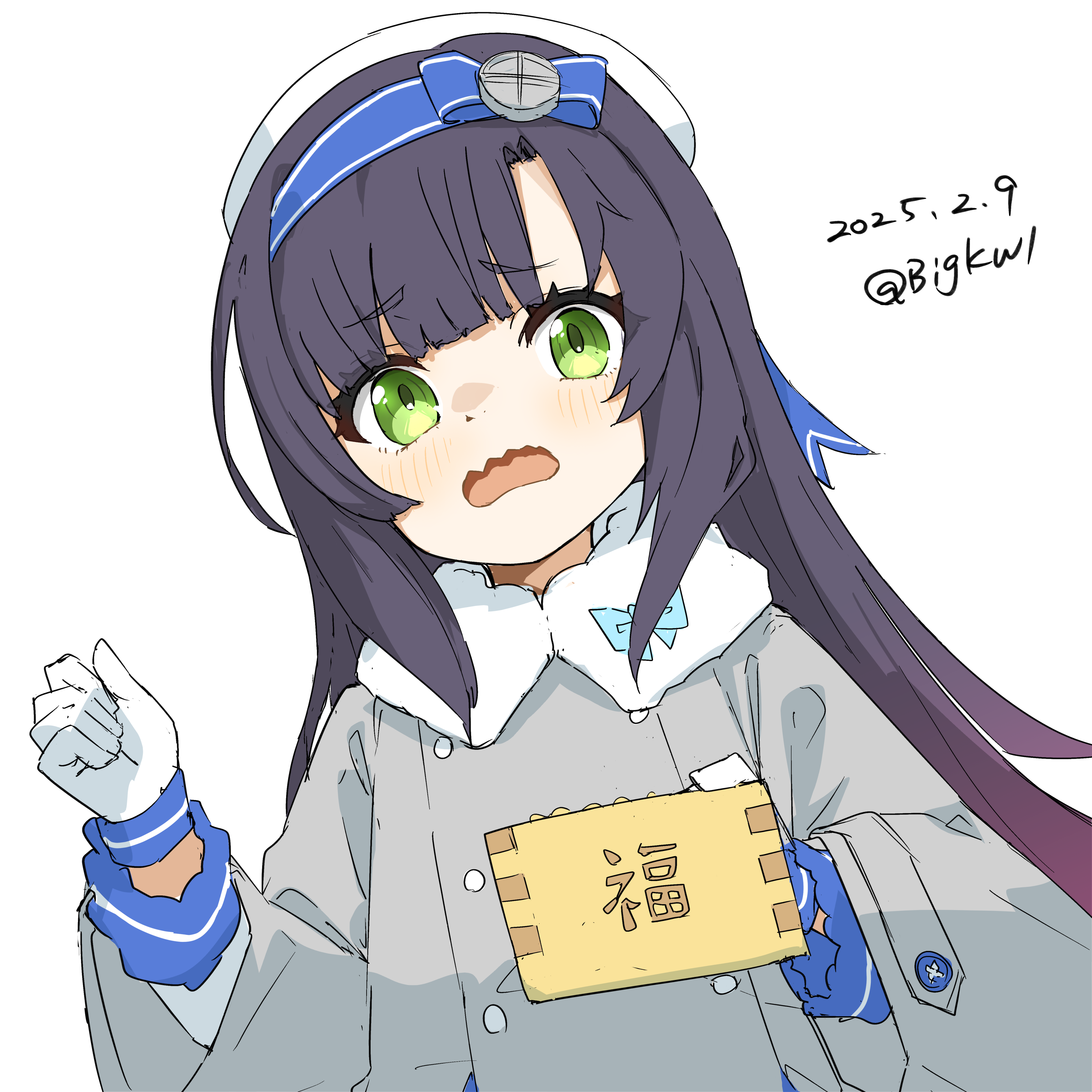 1girl absurdres beans bigkwl black_hair coat dated gloves gradient_hair green_eyes hat highres kantai_collection long_hair long_sleeves masu matsuwa_(kancolle) multicolored_hair multiple_girls one-hour_drawing_challenge open_mouth purple_hair school_uniform serafuku setsubun simple_background solo twitter_username upper_body wavy_mouth white_background white_gloves