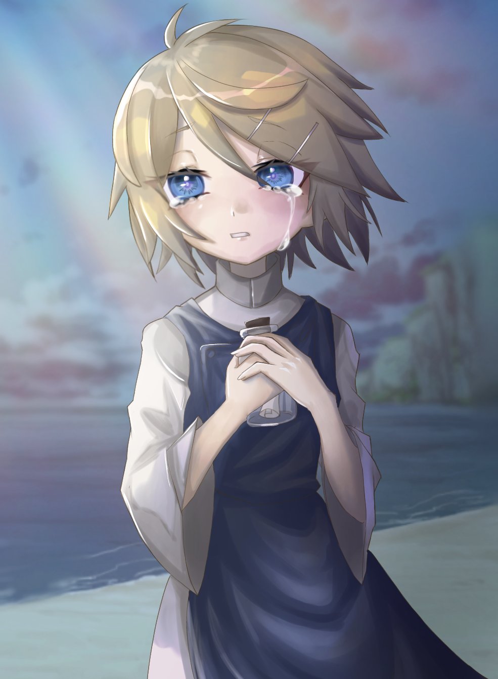 1girl beach blonde_hair bottle chromatic_aberration cloud collared_shirt crying crying_with_eyes_open evillious_nendaiki habit hair_ornament hairclip half-closed_eyes highres holding holding_bottle kagamine_rin light_rays looking_afar message_in_a_bottle nun ocean parted_lips regret_message_(vocaloid) riliane_lucifen_d&#039;autriche sand shirt short_hair solo streaming_tears sunbeam sunlight tears traditional_nun urin_(coconuts3252) vocaloid wide_sleeves