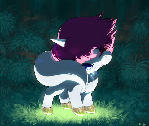 1980s_(style) 1boy bad_id blue_eyes bush crying dondarkrai forest glowing horns lowres male_focus nature night no_humans oldschool pink_hair retro_artstyle shy single_horn solo tail tears tree unico unico_(character) unicorn yajuuraku