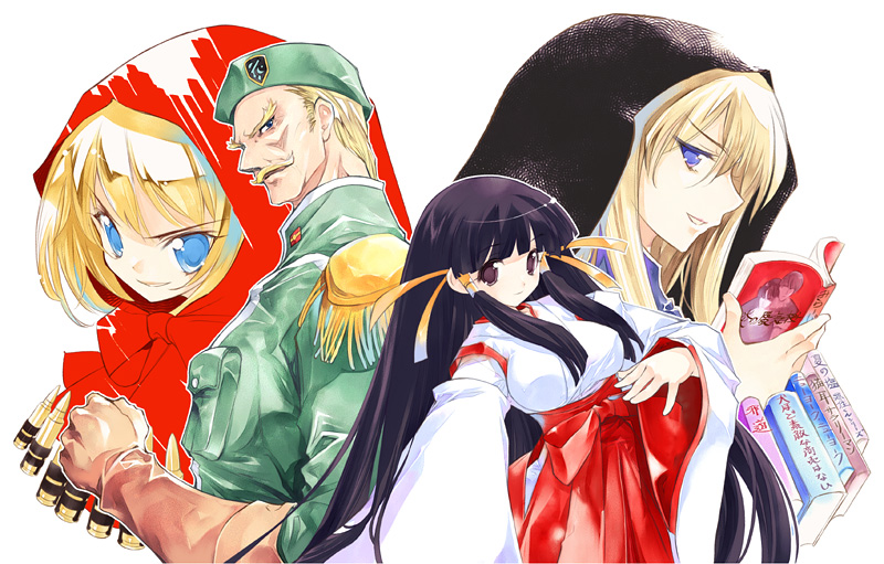 1boy 3girls aq_interactive arcana_heart atlus black_hair blonde_hair blue_eyes blunt_bangs book brown_eyes b.b._hood capcom crossover epaulettes examu facial_hair general_(kaiser_knuckle) gloves green_beret hair_ribbon hakama hakama_skirt hood hood_up japanese_clothes kaiser_knuckle kasuga_maori long_hair looking_at_viewer m.u.g.e.n miko multiple_girls mustache reading red_hakama ribbon short_hair simple_background skirt sumi_keiichi darkstalkers white_background wind_(mugen)