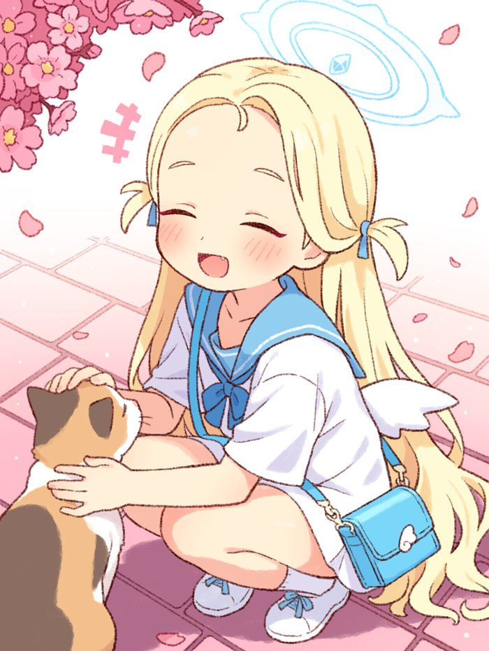 1girl bag blonde_hair blue_archive blue_halo blue_sailor_collar blush cat closed_eyes forehead halo long_hair onyhakase petals petting sailor_collar shoes smile solo sora_(blue_archive) squatting white_shoes wings