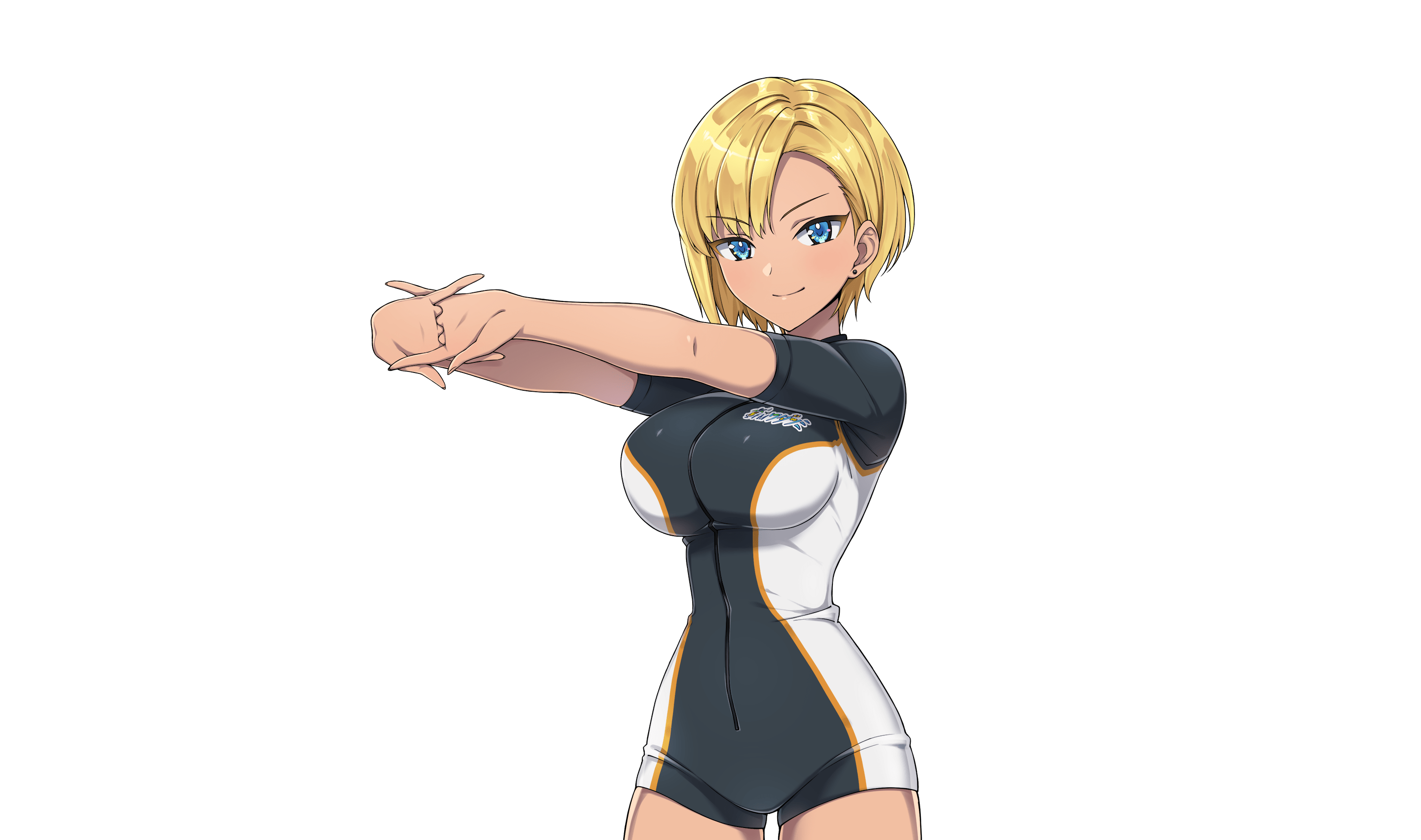 1girl blonde_hair blue_eyes bodysuit dark-skinned_female dark_skin diving_suit dolphin_wave earrings highres japanese_text jewelry murahaya_mashio official_art ootomo_takuji smile solo transparent_background
