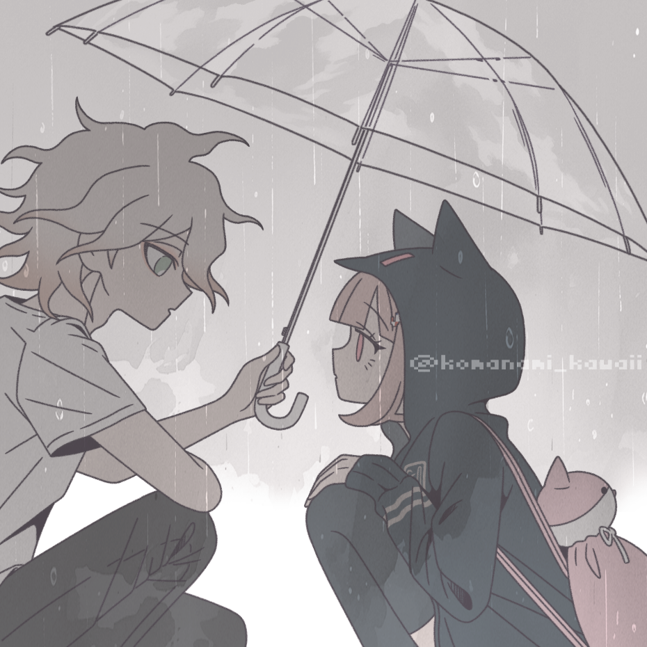 1boy 1girl :o animal_bag animal_ears black_jacket black_pants black_thighhighs brown_hair cat_bag danganronpa_(series) danganronpa_2:_goodbye_despair fake_animal_ears from_side grey_background grey_eyes grey_hair hood hood_up hooded_jacket jacket komaeda_nagito komanami_kawaii long_sleeves messy_hair nanami_chiaki no_jacket outdoors pants pink_bag pink_eyes profile rain short_sleeves spaceship_hair_ornament thighhighs