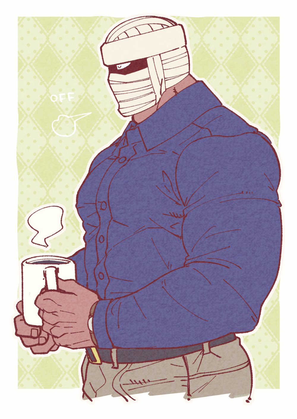 1boy bandages bandaid bandaid_on_face bara belt biceps bida cafe closed_eyes collared_shirt covered_face cup green_background highres large_pectorals male_focus manly mature_male mug muscular muscular_arms muscular_male original pants pectorals shirt sight solo steam tight_clothes upper_body watch