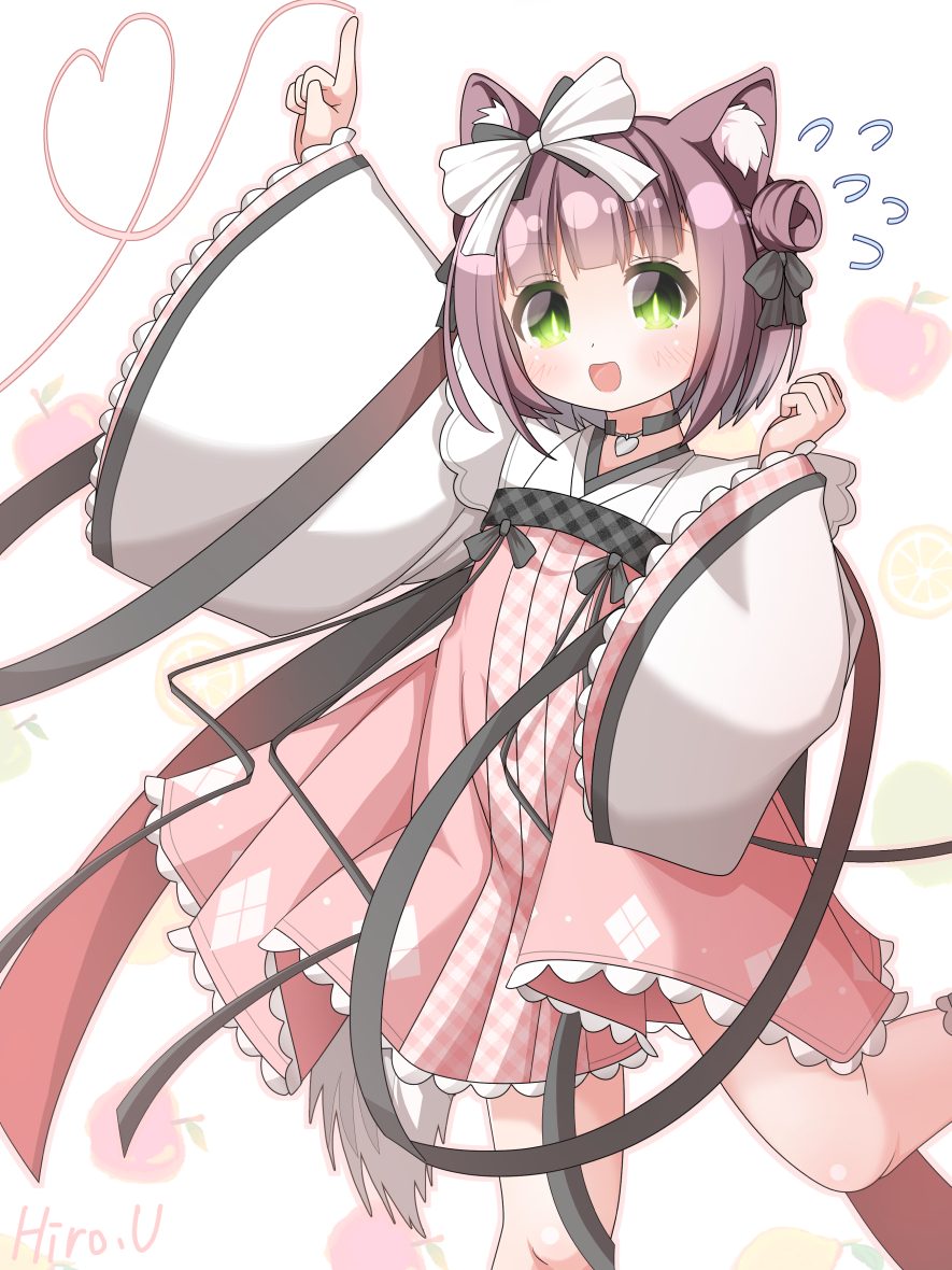 1girl animal_ear_fluff animal_ears artist_name azur_lane black_bow blush bow choker flying_sweatdrops frilled_sleeves frills green_eyes hair_bow hair_bun heart heart_choker long_sleeves looking_at_viewer official_alternate_costume open_mouth red_hair shiratsuyu_(azur_lane) shiratsuyu_(thawing_snow_fireworks_alight)_(azur_lane) short_hair signature solo uraguchi_hiiro white_bow wide_sleeves