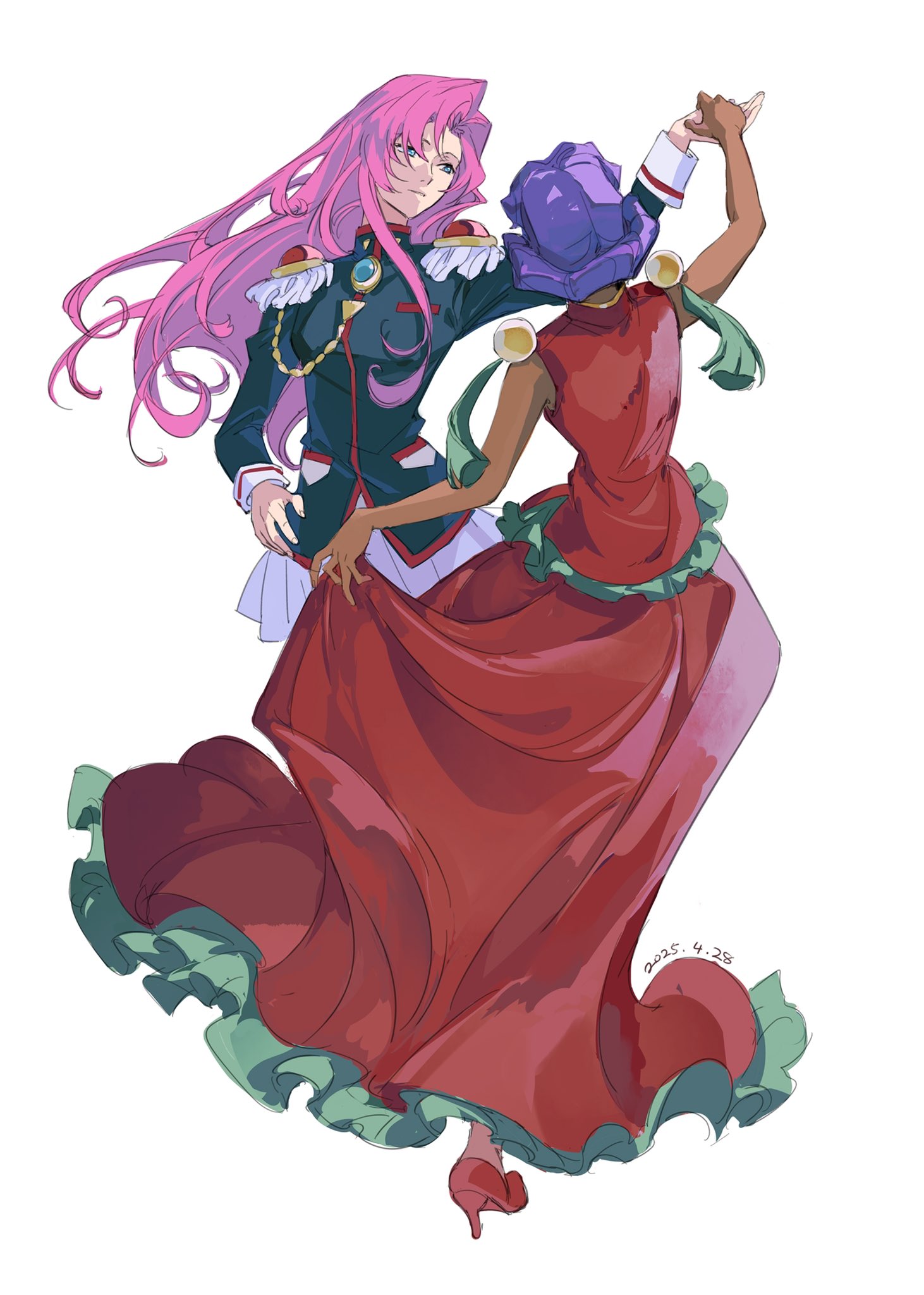 2girls aiguillette black_jacket blue_eyes dancing dark-skinned_female dark_skin dated dress epaulettes feng_you frilled_dress frills full_body high_heels highres himemiya_anthy jacket long_hair long_sleeves looking_at_another military_jacket multiple_girls pink_hair purple_hair red_dress red_shoes shoes short_hair shoujo_kakumei_utena simple_background sleeveless sleeveless_dress tenjou_utena waltz_(dance) white_background yuri