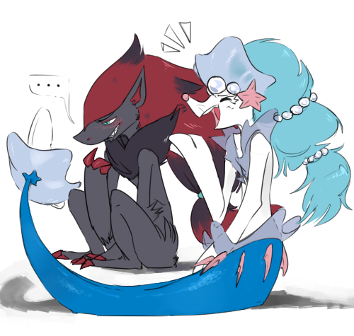 1boy 1girl 2016 animal_ears animal_focus arm_up black_fur blue_eyes bluecogg claws clenched_teeth closed_eyes collarbone colored_skin commentary drawfag earrings english_commentary facial_mark fins fox_boy fox_ears fur_collar gem gen_5_pokemon gen_7_pokemon grey_fur jewelry long_hair mermaid monster_girl nintendo no_humans pearl_(gemstone) pearl_earrings pokemon pokemon_(creature) primarina red_hair second-party_source shadow sitting smile starfish_hair_ornament teeth white_skin zoroark