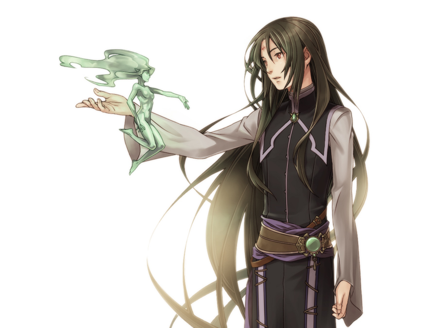 1boy alternate_hairstyle androgynous bishounen black_hair cloak cowboy_shot facial_mark fire_emblem fire_emblem:_path_of_radiance fire_emblem:_radiant_dawn jewelry kobashi_(hodohodo) long_hair male_focus nintendo red_eyes simple_background solo soren_(fire_emblem) spirit standing unworn_cloak very_long_hair white_background