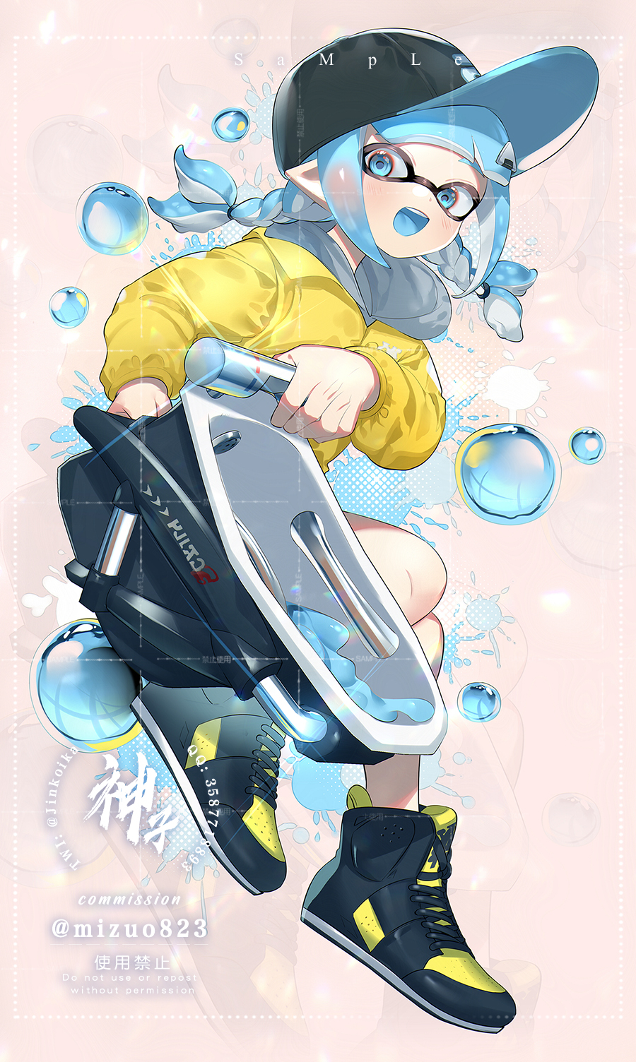 1girl artist_name baseball_cap black_hat black_shoes bloblobber_(splatoon) blue_eyes blue_hair blue_tongue braid colored_tongue commentary commission commissioner_name food-themed_hair_ornament full_body hair_ornament hat high_tops highres holding holding_weapon hood hood_down hooded_jacket inkling inkling_girl inkling_player_character jacket jinkoika long_sleeves looking_at_viewer medium_hair multicolored_shoes nintendo onigiri_hair_ornament open_mouth pink_background sample_watermark shoes sidelocks smile sneakers solo splatoon_(series) symbol-only_commentary teeth tentacle_hair twin_braids two-tone_shoes upper_teeth_only watermark weapon yellow_jacket yellow_shoes
