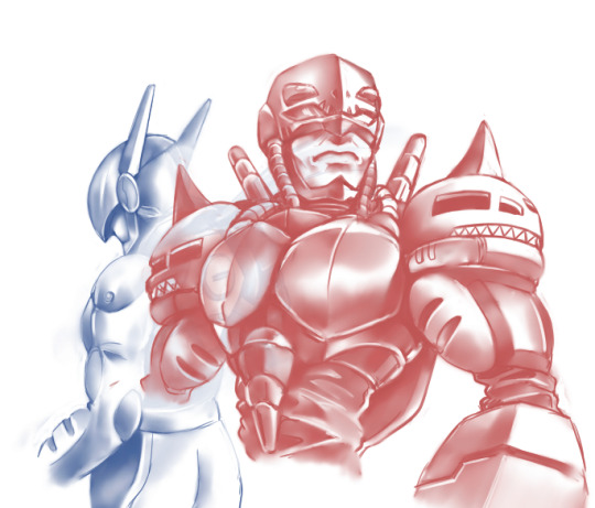 2boys armor cyborg digimon digimon_(creature) hiandromon justimon multiple_boys serious