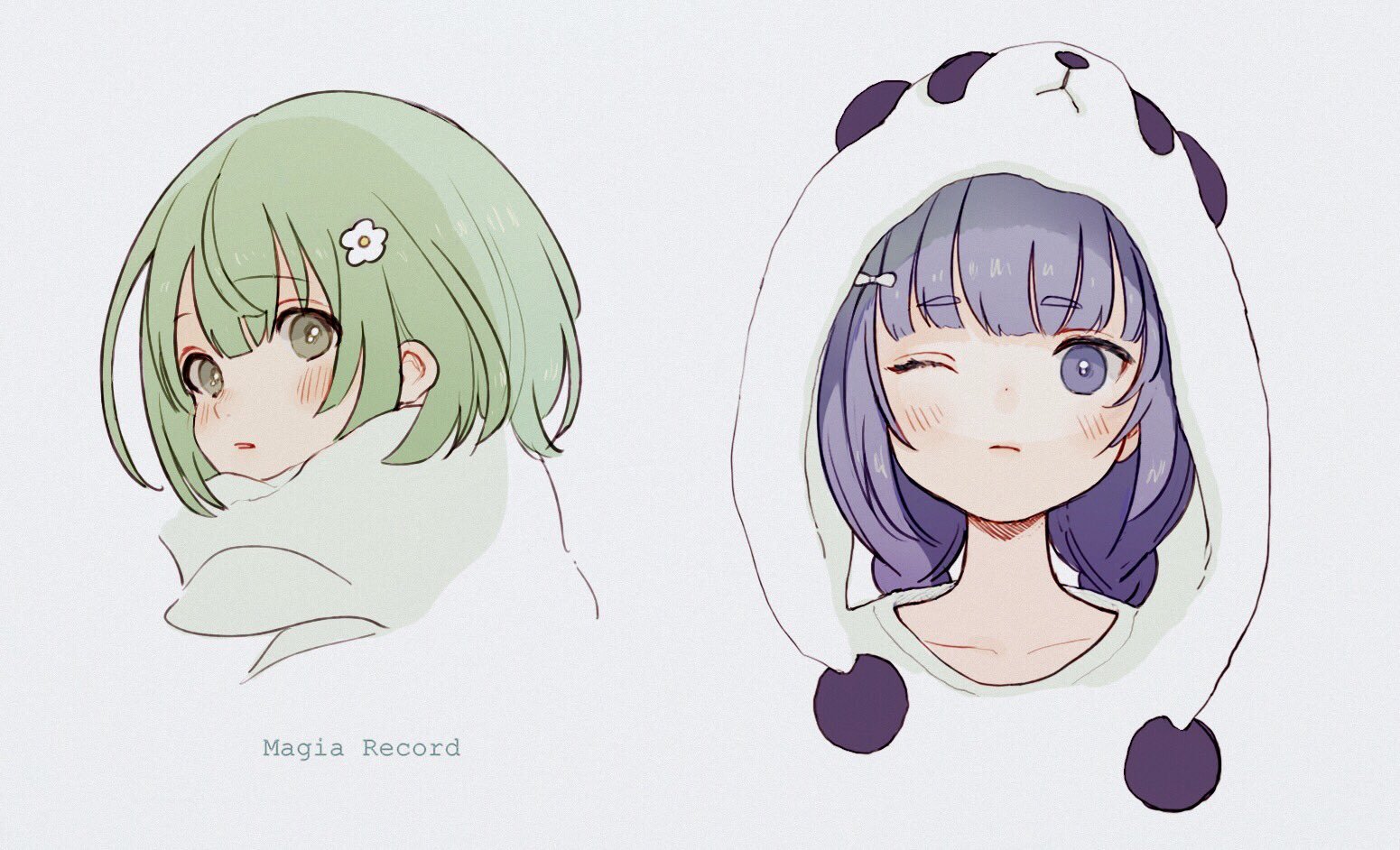 2girls blue_eyes blue_hair blunt_bangs braid chun_meiyui closed_mouth commentary_request copyright_name cropped_shoulders flower green_eyes green_hair grey_background hair_flower hair_ornament looking_at_viewer magia_record:_mahou_shoujo_madoka_magica_gaiden mahou_shoujo_madoka_magica multiple_girls natsume_kako one_eye_closed open_mouth panda_hat pom_pom_(clothes) portrait protected_link scarf short_hair simple_background twin_braids white_flower white_scarf yorunogumo