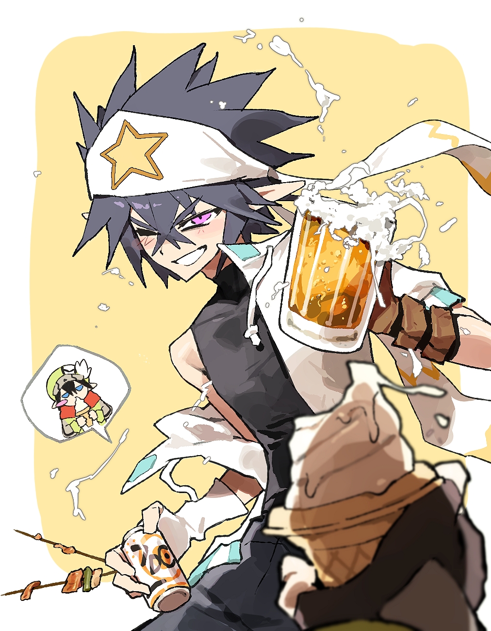 2boys alcohol aotu_world bandana beer beer_mug black_hair black_shirt blue_eyes blush camil_(aotu_world) can chibi chibi_inset cup drunk fingerless_gloves food gloves grin hair_between_eyes hat headband highres holding holding_can holding_cup holding_food holding_ice_cream ice_cream jacket looking_at_viewer male_focus mug multiple_boys one_eye_closed peong22 pointy_ears pov pov_hands purple_eyes ray_(aotu_world) shirt short_hair simple_background sleeveless sleeveless_turtleneck smile solo_focus speech_bubble spiked_hair star_(symbol) star_print turtleneck white_headband white_jacket yellow_background