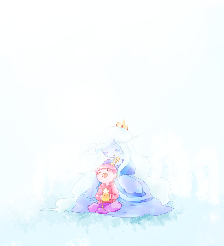 1boy 1girl absurdly_long_hair adventure_time aged_down blue_skin blush blush_stickers cartoon_network colored_skin crown dress gender_request genderswap ice_queen_(adventure_time) long_hair mouse_(animal) open_mouth prince prince_bubba_gumball prince_gumball queen science_(adventure_time) short_hair simple_background smile very_long_hair white_hair