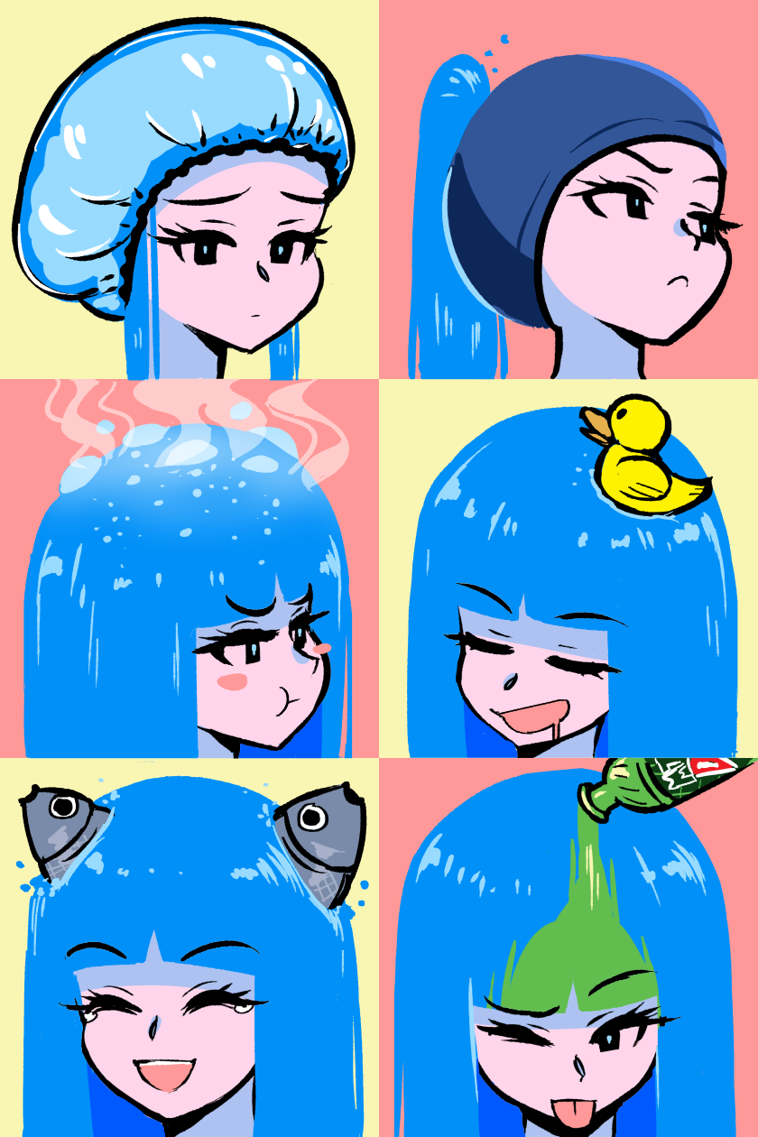 1girl :d :t ;p akairiot angry blunt_bangs blush_stickers boiling bottle breasts bubble closed_eyes contrail multiple_expressions facial_expressions fish highres kelda_(akairiot) liquid_hair long_hair looking_to_the_side medium_breasts multiple_views one_eye_closed open_mouth original rubber_duck sad simple_background smile swim_cap tearing_up tongue tongue_out yellow_background