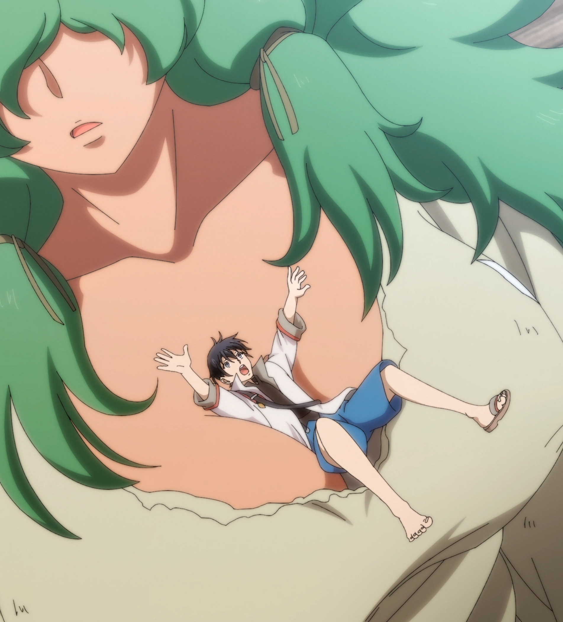 1boy 1girl breasts cleavage dione_nephilim giant giantess glenn_litbeit green_hair highres large_breasts monster_musume_no_oisha-san