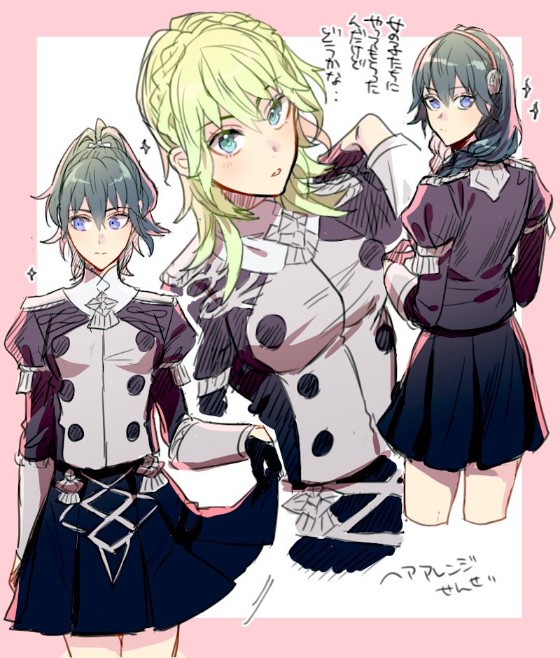 1girl 5_(femfamme) alternate_costume alternate_hairstyle blue_eyes blue_hair female_byleth_(enlightened)_(fire_emblem) female_byleth_(fire_emblem) closed_mouth fire_emblem fire_emblem:_three_houses from_behind garreg_mach_monastery_uniform green_eyes green_hair hairband long_sleeves looking_back multiple_views nintendo official_alternate_costume open_mouth skirt