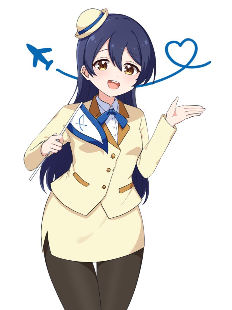 1girl aircraft airplane blue_hair blue_ribbon breasts contrail cowboy_shot duplicate feet_out_of_frame flag flight_attendant flight_attendant_hat hair_between_eyes happy heart heart_of_string holding holding_flag jacket long_hair love_live! love_live!_school_idol_project miniskirt ozawasan0930 pencil_skirt ribbon shirt simple_background skirt small_breasts solo sonoda_umi tareme teeth thigh_gap travel_attendant upper_teeth_only very_long_hair white_background white_shirt wide_hips yellow_eyes yellow_jacket yellow_skirt