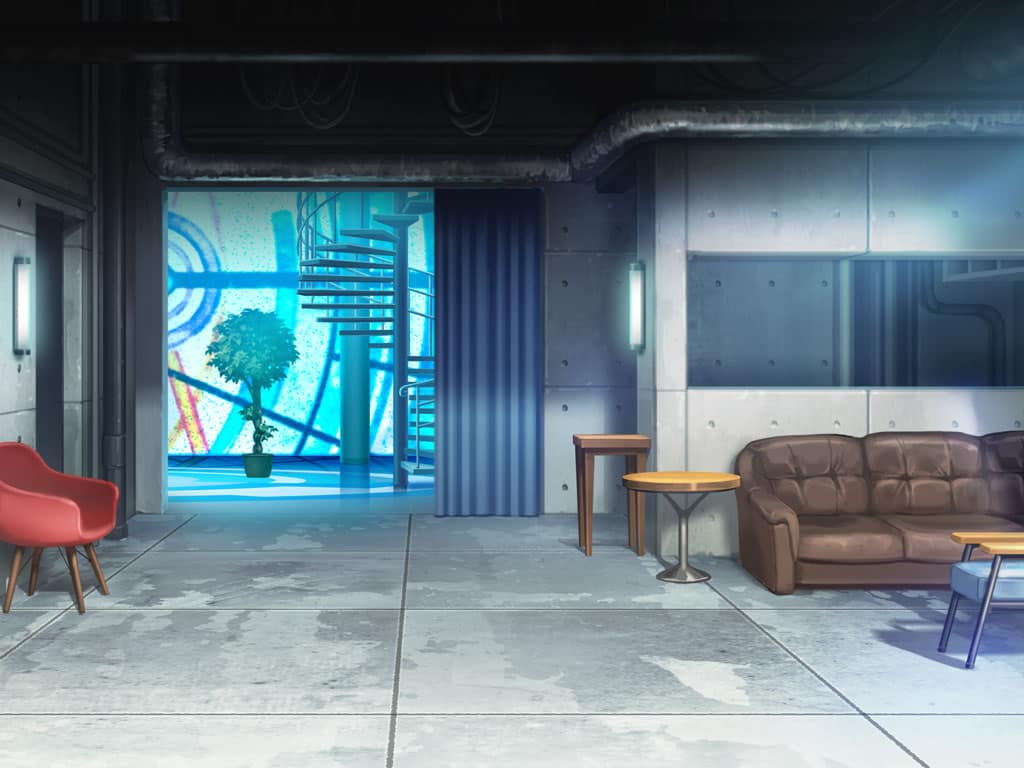 armchair artist_request chair couch curtains doorway game_cg indoors industrial_pipe living_room magia_record:_mahou_shoujo_madoka_magica_gaiden mahou_shoujo_madoka_magica no_humans official_art plant potted_plant scenery shadow spiral_staircase stained_glass stairs table tile_floor tile_wall tiles