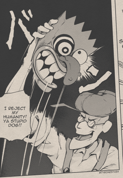 1boy comic_panel_redraw commentary courage_the_cowardly_dog derivative_work english_commentary english_text eustace_bagge glasses hat holding holding_mask i_reject_my_humanity_(meme) jojo_no_kimyou_na_bouken male_focus mask meme monochrome open_mouth phantom_blood solo speech_bubble twitter_username tyrone