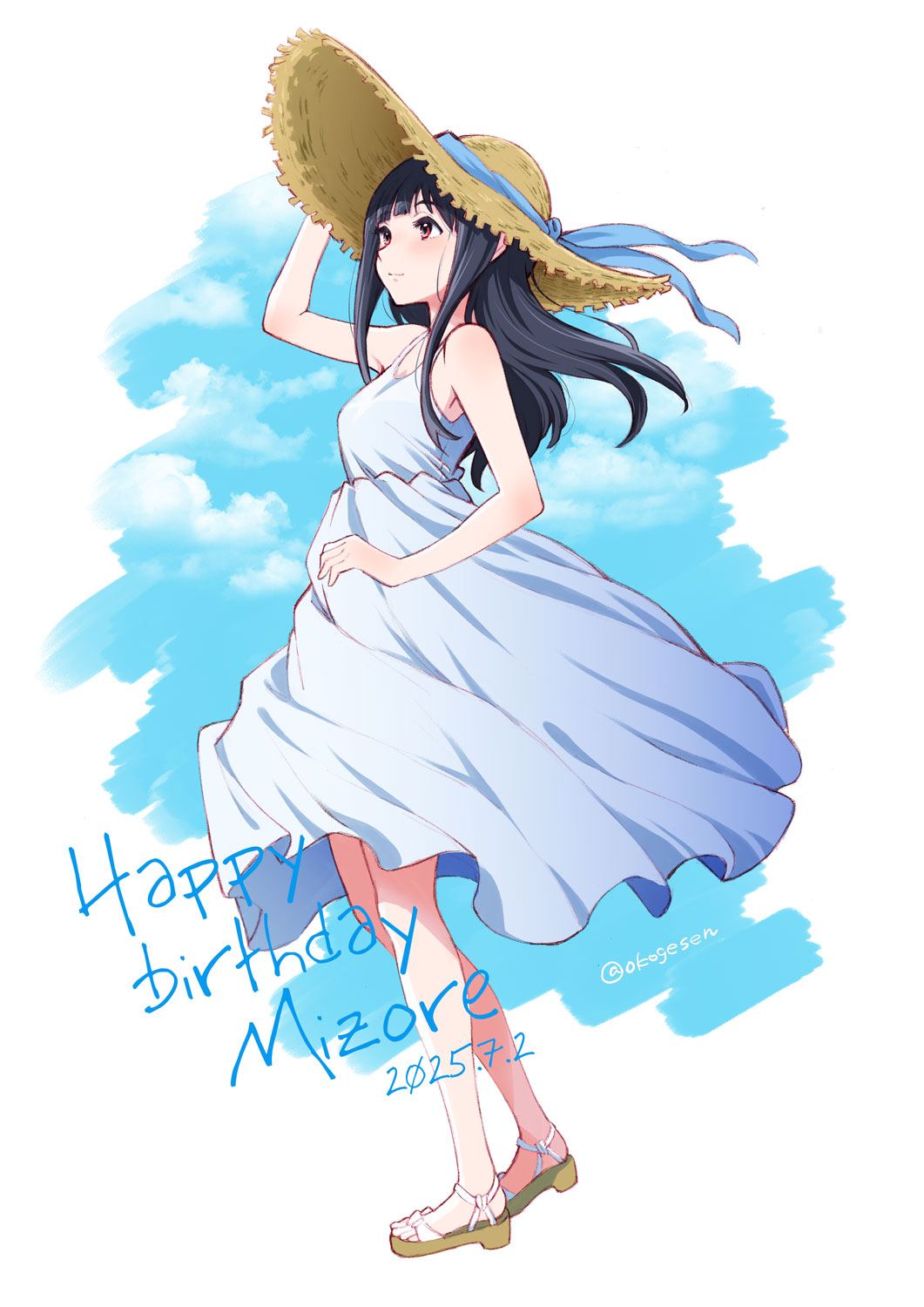 1girl bare_shoulders black_hair blue_dress blue_hair blush closed_mouth dress hat hibike!_euphonium highres kotomozou long_hair red_eyes sandals smile solo straw_hat sun_hat sundress yoroizuka_mizore