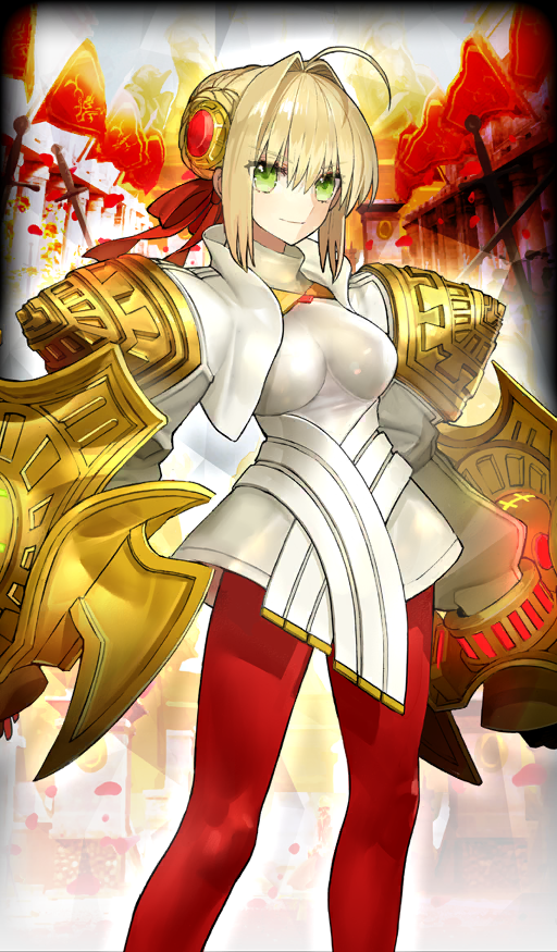 1girl ahoge armor blonde_hair breasts commentary cropped_jacket dress fate/extella fate/extra fate/grand_order fate_(series) feet_out_of_frame gold_armor green_eyes hair_between_eyes hair_bun hair_intakes hair_ribbon high_collar jacket large_breasts leggings_under_dress looking_at_viewer nero_claudius_(fate) nero_claudius_(fate/extra) nero_claudius_(moon_crux)_(fate) official_art pantyhose red_pantyhose red_ribbon ribbon short_dress shoulder_armor sidelocks single_hair_bun smile solo standing third-party_source v-shaped_eyebrows wada_arco white_dress white_jacket