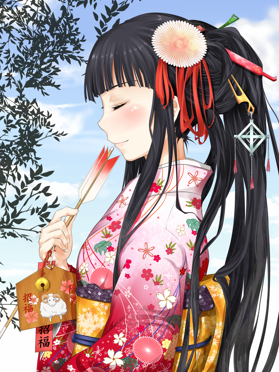 1girl alternate_costume arrow_(projectile) belt black_hair blue_sky blush closed_eyes closed_mouth cloud cloudy_sky commentary_request day floral_print from_side hair_ornament highres himegami_aisa holding holding_arrow japanese_clothes kimono leaf light_smile lips long_hair obi outdoors pink_kimono ponytail sash sheep_print shin_(highest1192) sidelocks sky smile solo toaru_majutsu_no_index upper_body yellow_belt yukata
