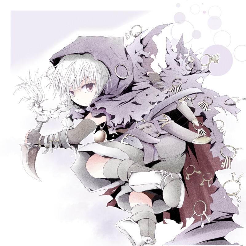 1girl bag belt boots braid cape dagger fingerless_gloves full_body gloves hood jewelry key keyring knife leg_up looking_back original pants pendant pink_eyes romi satchel sheath shin_guards twin_braids weapon white_hair