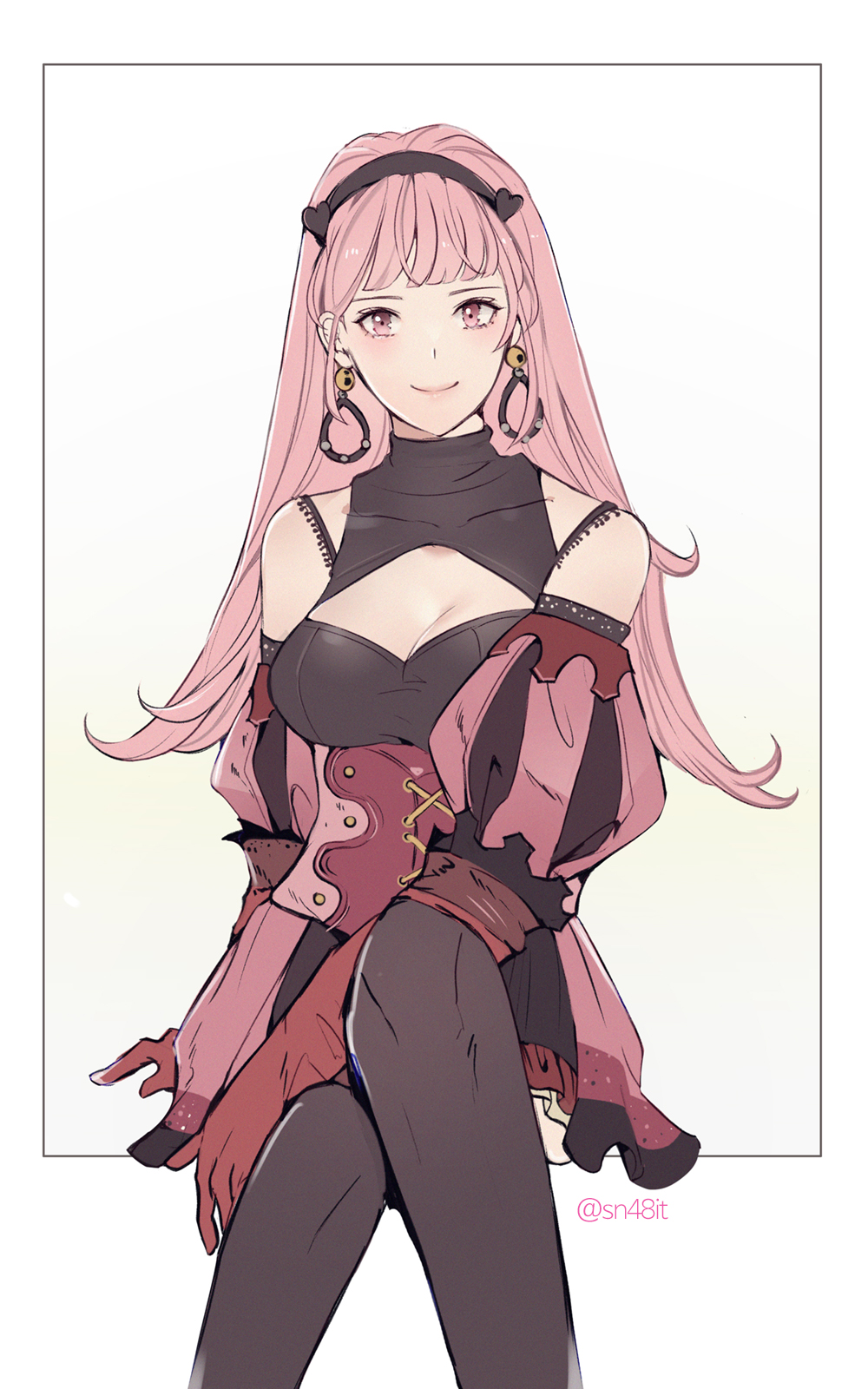 1girl black_pantyhose blunt_bangs breasts cleavage cleavage_cutout clothing_cutout corset crossed_legs dress earrings female_focus fire_emblem fire_emblem:_three_houses gloves hairband highres hilda_valentine_goneril hilda_valentine_goneril_(timeskip) hoop_earrings invisible_chair jewelry lips long_hair looking_at_viewer matching_hair/eyes medium_breasts nintendo pantyhose pink_dress pink_eyes pink_hair red_gloves shino_(mufn5785) simple_background sitting smile solo straight_hair turtleneck twitter_username white_background