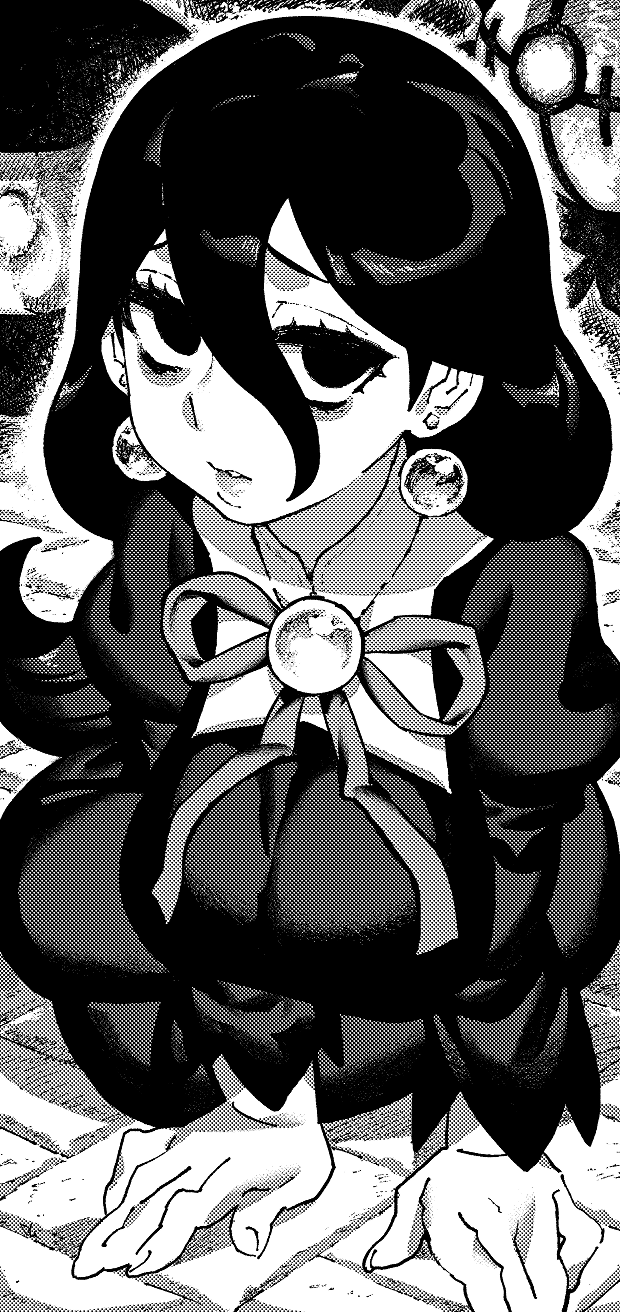 1girl arm_support bags_under_eyes breasts chandelure double-parted_bangs dress earrings furrowed_brow gen_5_pokemon greyscale hair_between_eyes hex_maniac_(pokemon) hex_maniac_(pokemon_legends:_z-a) highres ireading jewelry juliet_sleeves lampent large_breasts long_hair long_hair_between_eyes long_sleeves looking_at_viewer monochrome neck_ribbon nintendo on_floor parted_lips pokemon pokemon_(creature) pokemon_legends:_z-a puffy_sleeves ribbon sitting solo sphere_earrings stone_floor teeth very_long_hair yokozuwari
