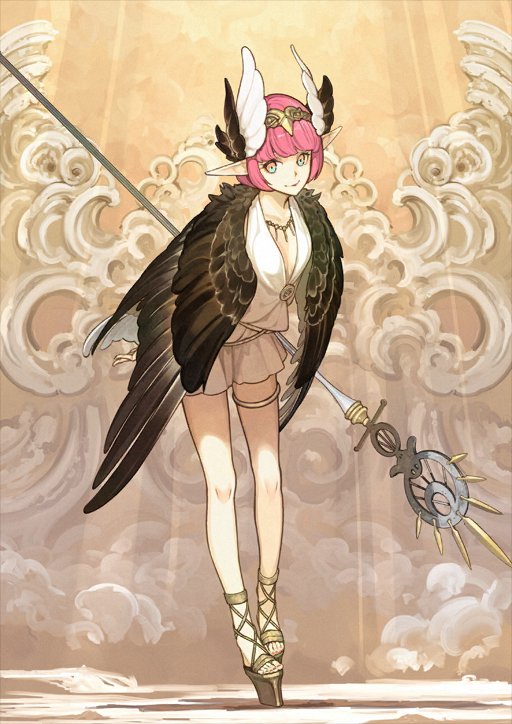 1girl aqua_eyes bare_legs bird_wings blunt_bangs bowed_wings breasts brown_wings circe_(fate) closed_mouth collarbone fate/grand_order fate_(series) feather_hair_ornament feathered_wings feathers full_body gold_hairband gold_necklace gold_sandals gold_thighlet hair_ornament hairband head_tilt hidari_(left_side) holding holding_behind_back holding_staff jewelry leaning_forward light_rays long_pointy_ears looking_at_viewer miniskirt multicolored_eyes nail_polish necklace no_socks official_art pink_eyes pink_hair platform_sandals pointy_ears sandals shirt short_hair sidelocks skirt small_breasts smile solo staff standing thighlet third-party_source toenails toes two-tone_eyes white_shirt white_skirt wings yellow_background