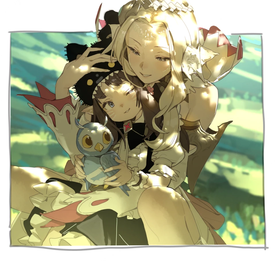2girls animal animal_hat au_ra bare_legs bare_shoulders bird black_bow black_bowtie black_hat blue_bird blue_eyes blush border bow bowtie chinese_commentary circlet commentary creature_request fake_whiskers final_fantasy final_fantasy_xiv forehead gift_art hat holding holding_animal hood hood_down hooded_dress hug hug_from_behind lalafell maid multiple_girls nainainainainaiya one_eye_closed outside_border parted_bangs parted_lips pointy_ears scales smile spriggan_(final_fantasy) warrior_of_light_(ff14) white_border white_mage_(final_fantasy) white_scales