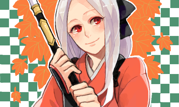 1girl bad_drawr_id bad_id bow drawr fate/zero fate_(series) female_focus hair_bow instructor_iri irisviel_von_einzbern japanese_clothes long_hair marumaru22 naginata oekaki official_alternate_costume polearm ponytail red_eyes solo weapon white_hair