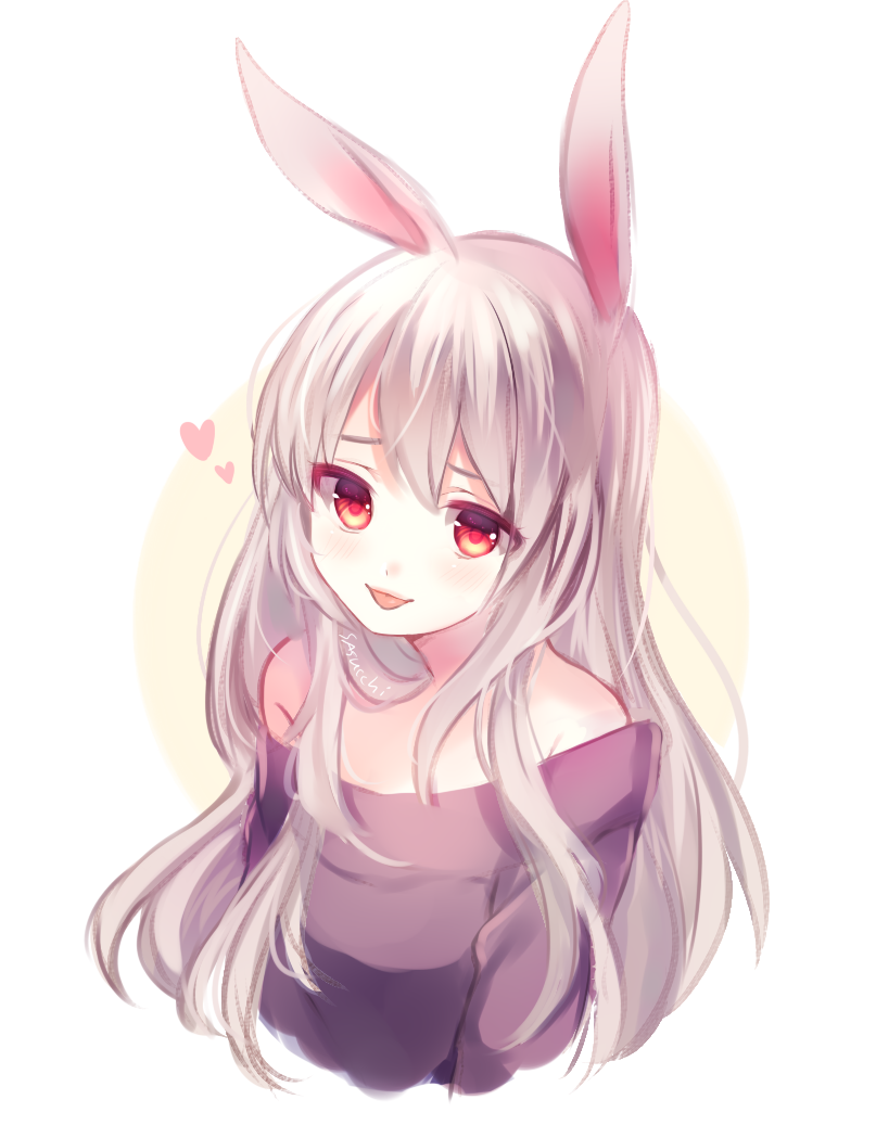 1girl aki_(sasucchi95) animal_ears arms_at_sides artist_name bare_shoulders blush border breasts commentary cropped_torso double-parted_bangs english_commentary from_above grey_hair hair_between_eyes hair_over_shoulder heart long_hair long_sleeves looking_at_viewer off-shoulder_shirt off_shoulder original outside_border painttool_sai_(medium) purple_shirt rabbit_ears rabbit_girl raised_inner_eyebrows red_eyes round_border sasucchi95 shirt simple_background small_breasts solo tongue tongue_out white_border yellow_background