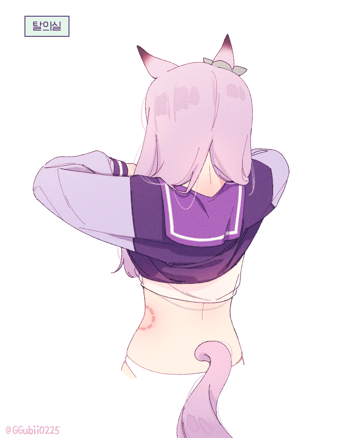 1girl animal_ears bite_mark cropped_torso from_behind ggubii0225 highres horse_ears horse_girl horse_tail korean_text long_hair long_sleeves mejiro_mcqueen_(umamusume) panties pink_hair purple_shirt sailor_collar shirt simple_background solo sports_bra tail translation_request twitter_username umamusume underwear undressing upper_body white_background white_panties