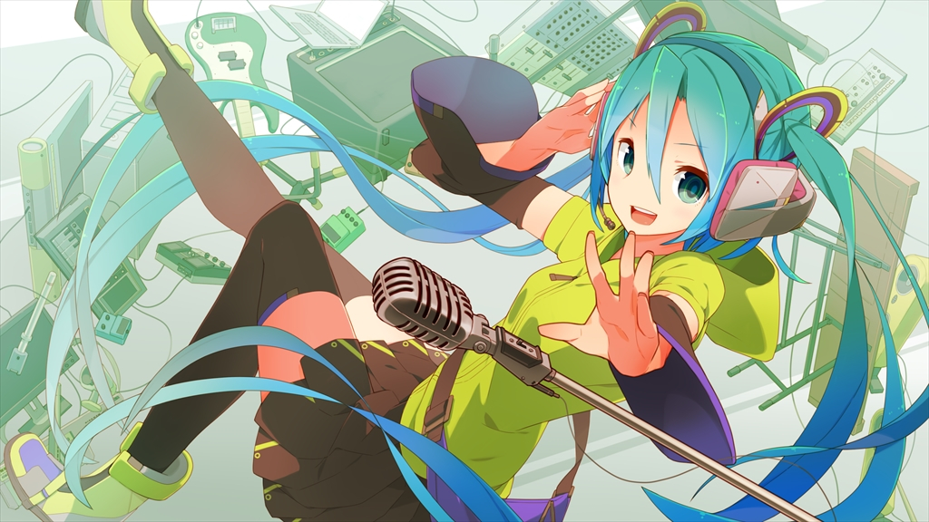 1girl absurdly_long_hair amplifier aqua_eyes aqua_hair aqua_headband behind-the-head_headphones black_skirt black_sleeves black_thighhighs boots computer detached_sleeves effects_pedal fanny_pack folding_table foot_up full_body green_boots green_shirt guitar hair_between_eyes hair_ornament hatsune_miku headphones headset holding holding_headphones hooded_shirt instrument laptop leaning_back long_hair looking_at_viewer microphone microphone_stand mixing_console monitor open_mouth pleated_skirt reaching reaching_towards_viewer shirt skirt solo table teeth thighhighs tomioka_jirou twintails twisted_torso upper_teeth_only very_long_hair vocaloid white_background white_headphones zettai_ryouiki