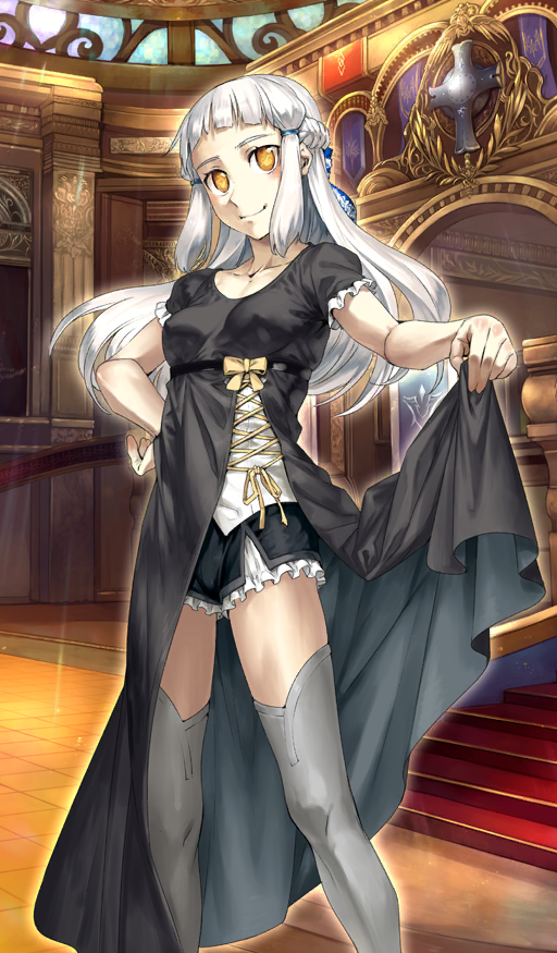 1girl black_shorts bow braid breasts clothes_lift commentary covered_erect_nipples cross-laced_clothes cross-laced_dress dress dress_lift empire_waist fate/grand_order fate_(series) feet_out_of_frame floating_hair frilled_shorts frilled_sleeves frills front_slit grey_thighhighs hair_tie hand_on_own_hip happy indoors light_particles light_rays long_hair looking_at_viewer lord_camelot_(fate) medium_breasts no_pupils official_art orange_eyes penthesilea_(fate) penthesilea_(formal_dress)_(fate) puffy_short_sleeves puffy_sleeves ribbon shinjirou shirt short_sleeves shorts sidelocks smile solo stained_glass stairs standing thighhighs two-sided_dress two-sided_fabric white_hair white_shirt yellow_bow yellow_ribbon