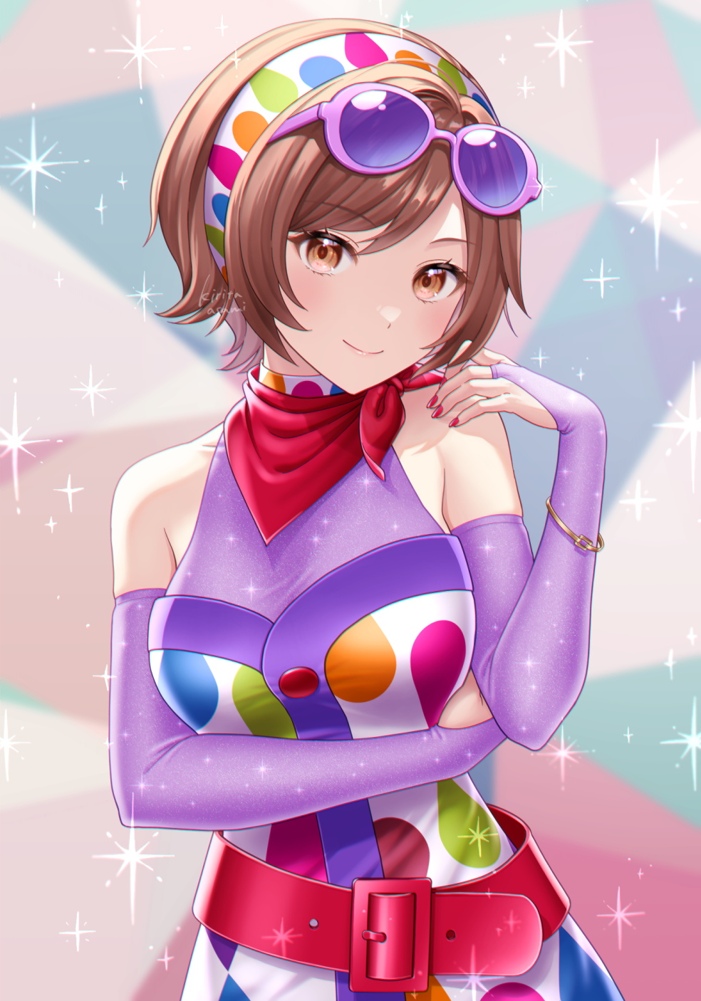 1girl arm_across_waist belt blush bridal_gauntlets brown_eyes brown_hair commentary_request dress eyewear_on_head hairband highres kirita_asami looking_at_viewer meiko_(modern_girl)_(vocaloid) meiko_(vocaloid) neckerchief polka_dot polka_dot_dress project_diva_(series) purple_bridal_gauntlets red_belt red_nails red_neckerchief short_hair signature smile solo sparkle sunglasses upper_body vocaloid