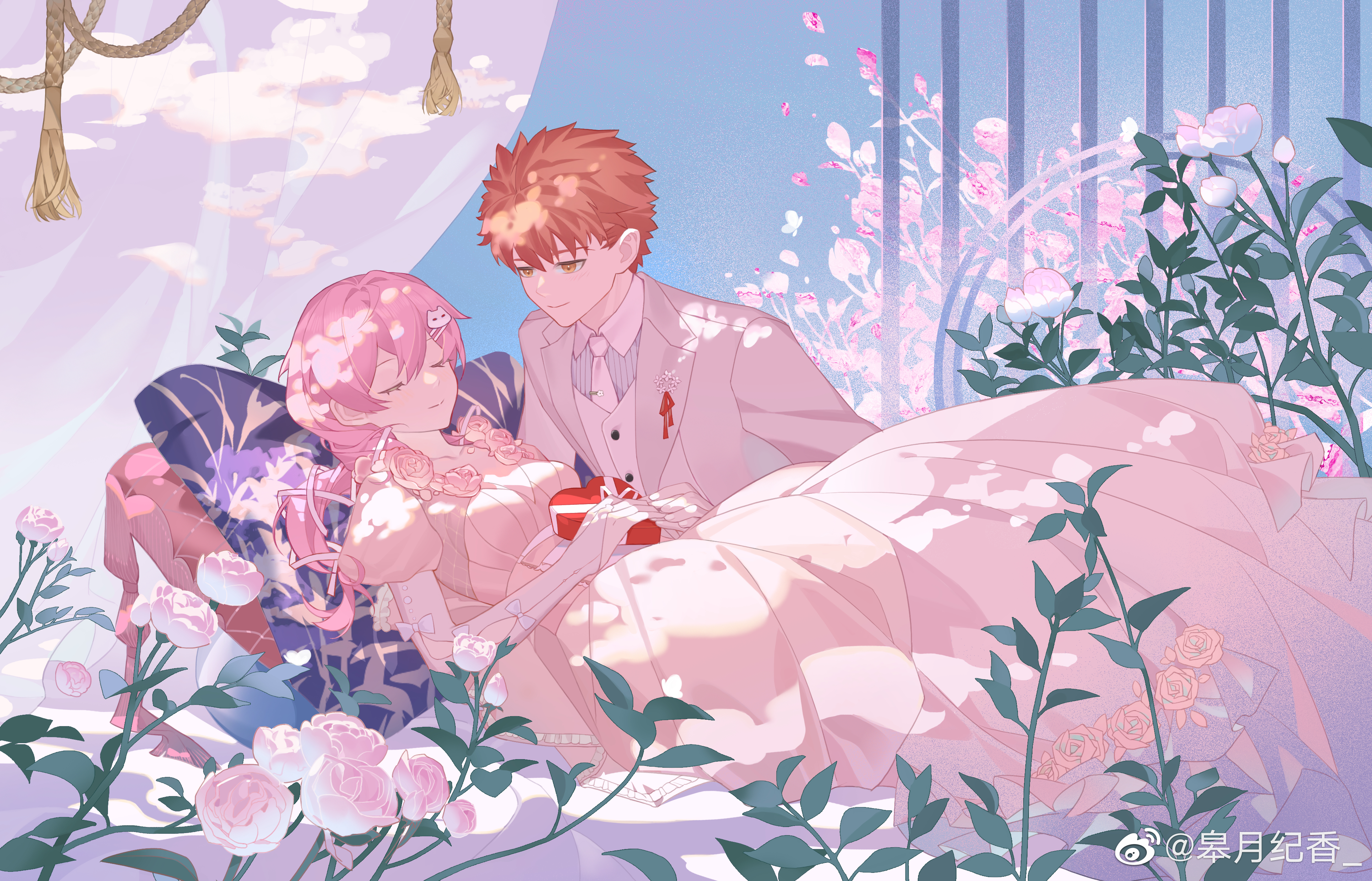 1boy 1girl =_= absurdres blush bow breasts bride carrying closed_eyes couple dreaming dress emiya_shirou fate/stay_night fate_(series) flower formal_clothes gaoyue_jixiang groom hair_ornament hairclip heart heart_hands hetero highres husband_and_husband igote jacket long_hair male_focus necktie non-web_source oc_x_canon orange_hair original pants pink_eyes pink_hair princess_carry red_hair ribbon rose sleeping smile suit twintails veil watermark wedding_dress weibo_watermark white_dress white_flower white_jacket white_necktie white_pants white_rose white_suit zzz