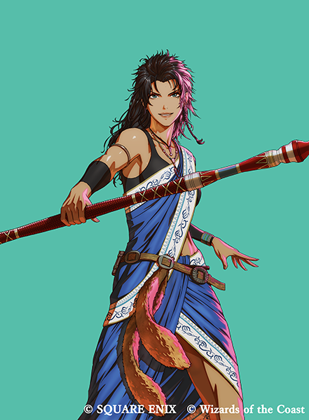 1girl aqua_background armlet black_hair copyright_notice final_fantasy final_fantasy_xiii holding holding_polearm holding_weapon ikeda_(cpt) indian_clothes jewelry long_skirt looking_at_viewer magic:_the_gathering necklace oerba_yun_fang official_art pelt polearm sari simple_background skirt sleeveless smile solo weapon