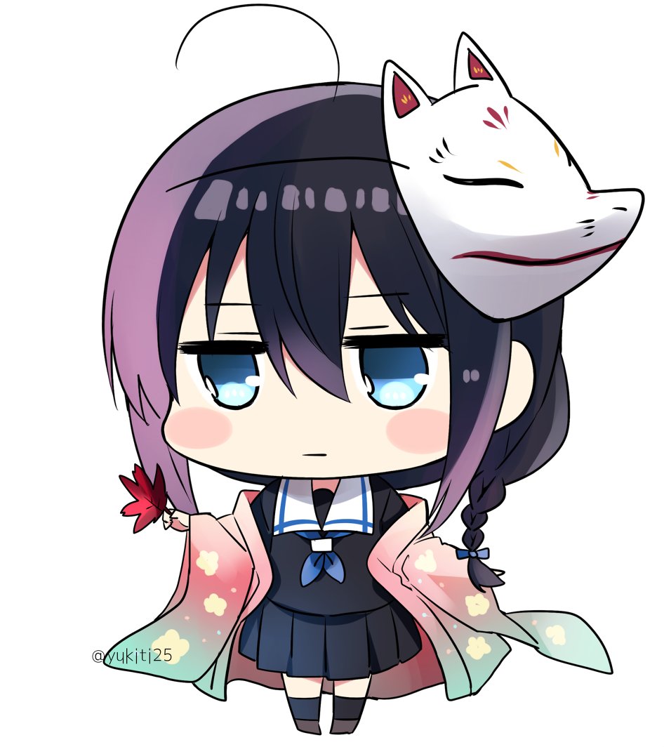 1girl ahoge autumn_leaves black_hair black_serafuku black_shirt black_shoes black_skirt black_socks blouse blue_eyes blue_neckerchief braid chibi female_focus fox_mask full_body gradient_clothes gradient_kimono hair_between_eyes hair_over_shoulder half-closed_eyes japanese_clothes kantai_collection kimono kneehighs leaf mask mask_on_head neckerchief noh_mask off_shoulder open_clothes open_kimono pleated_skirt sailor_collar school_uniform serafuku shigure_(kancolle) shirt shoes sim simple_background single_braid skirt socks solo standing twitter_username white_background white_sailor_collar yukichi_(eikichi)