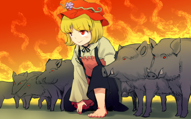 1girl aki_minoriko apple barefoot black_skirt blonde_hair boar food fruit grape_hat_ornament hat meimaru_inuchiyo red_eyes red_hat short_hair skirt smile solo touhou