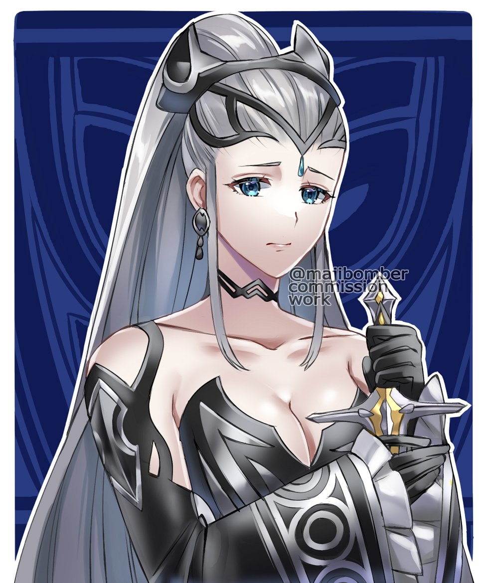 1girl black_choker black_dress black_gloves black_tiara blue_eyes breasts choker cleavage commission commissioner_upload dress earrings eir_(fire_emblem) fire_emblem fire_emblem_heroes frilled_sleeves frills gloves holding holding_knife jewelry knife long_hair long_sleeves maji_(majibomber) nintendo ponytail sidelocks solo tiara white_dress white_hair