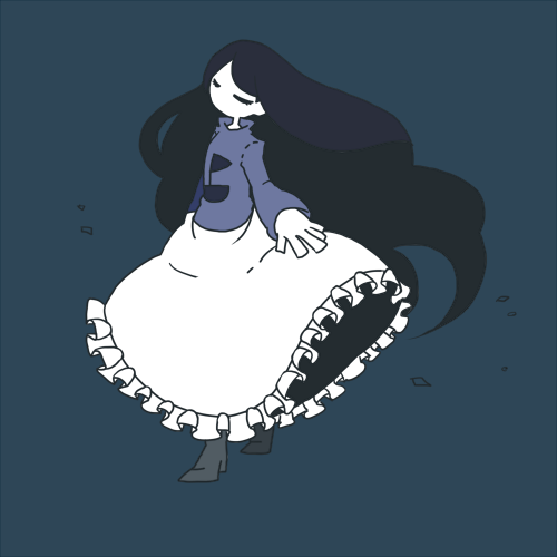 1girl black_hair blue_theme closed_eyes female_focus floating_hair frills full_body funetsuki long_hair long_skirt lowres moka_(1339) monochrome outstretched_arms pale_skin shoes skirt solo spread_arms tec_(game) turtleneck very_long_hair walking