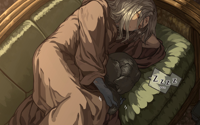 1girl androgynous bad_id bad_pixiv_id black_cat black_cat_(elona) black_skin cat colored_skin couch dark_skin elona exile_(elona) green_upholstery harusame_(rueken) red_eyes robe silver_hair sleeping slice_of_life third_eye