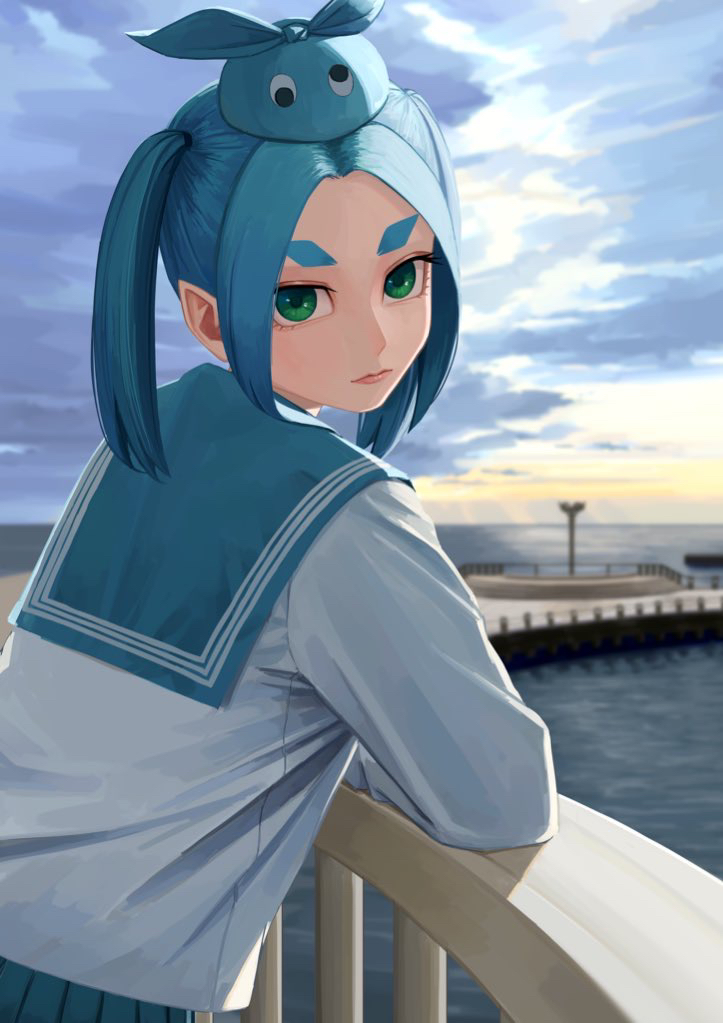 1girl blue_hair blue_sailor_collar blue_skirt closed_mouth cloud cloudy_sky evening expressionless googly_eyes green_eyes looking_at_viewer monogatari_(series) nemo_ringo ocean ononoki_yotsugi outdoors pointy_ears sailor_collar school_uniform serafuku shirt skirt sky solo twintails water white_shirt