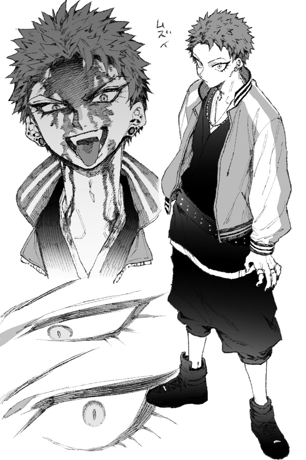 1boy blood blood_on_face chain closed_mouth ear_piercing eyelashes fangs greyscale harai_kuko highres hypnosis_mic jacket japanese_clothes jewelry letterman_jacket long_sleeves maki_keigo male_focus monochrome multiple_rings multiple_views open_mouth piercing ring shoes simple_background sneakers spiked_hair standing