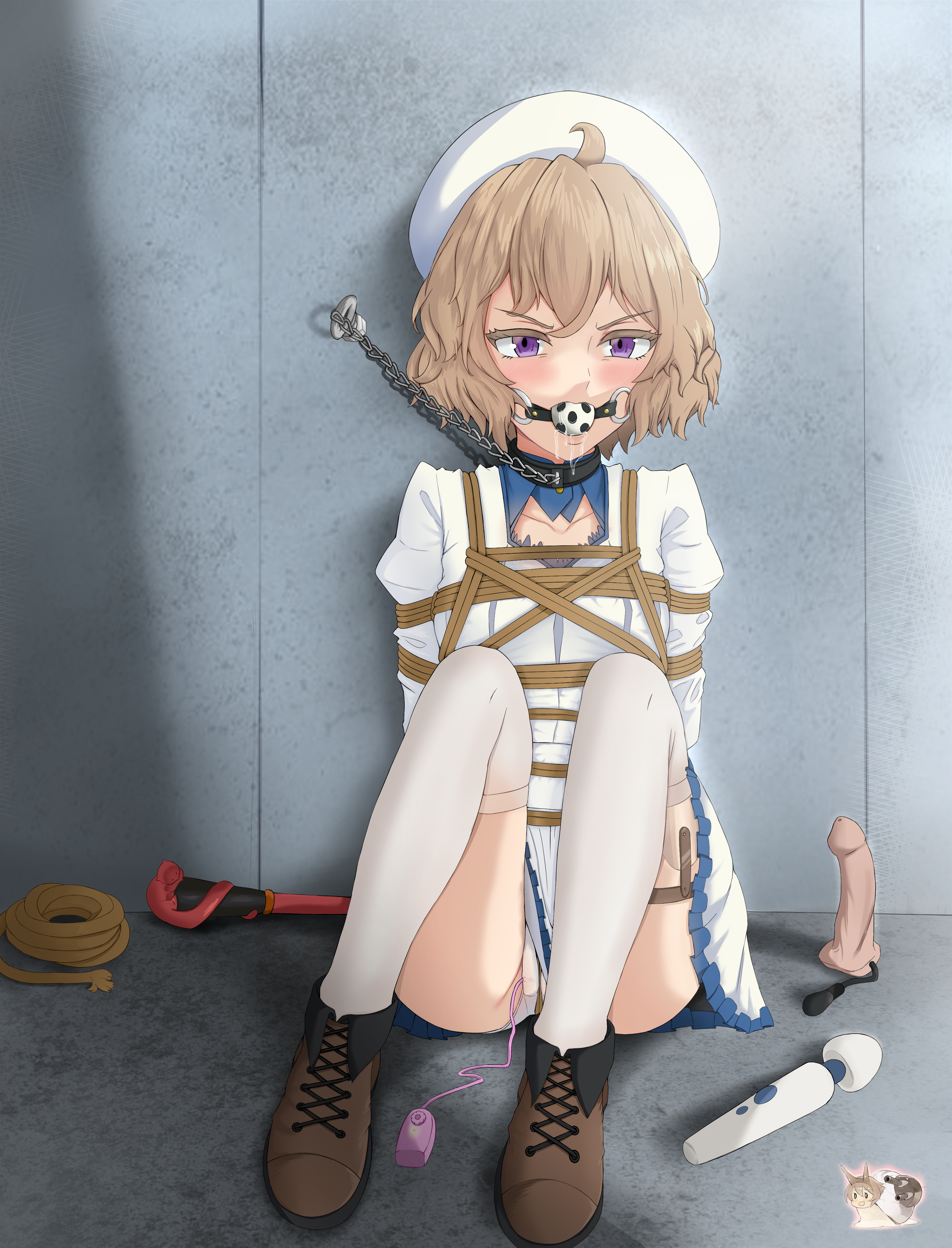 1girl absurdres ahoge arms_behind_back ass ball_gag bdsm blue_trim blush bondage bound bound_arms bound_torso breasts brown_hair cane chain chain_leash cleft_of_venus clothes_lift collar collarbone collared_dress commission dildo dress female_focus gag gagged glaring hat highres hitachi_magic_wand human_trafficking indoors inflatable_dildo iwanaga_kotoko juliet_sleeves kantai_collection kidnapped kidnapped_girl kidnapping kyokou_suiri layered_dress leash light_brown_hair long_sleeves looking_at_viewer mutsu_(kancolle) mutsu_(kantai_collection) mutsu_(snail) no_escape panties petticoat pleated_dress prosthesis prosthetic_leg puffy_long_sleeves puffy_sleeves purple_eyes pussy pussy_juice pussy_peek rope sex_toy shibari shibari_over_clothes shoes skindentation skirt slave small_breasts solo stone_floor stone_wall tetsuffy_(tetsulul) thighhighs thighs this_is_your_life_now underwear upskirt vibrator vibrator_cord vibrator_under_clothes vibrator_under_panties wet wet_clothes wet_panties white_dress_shirt white_panties worried worried_look