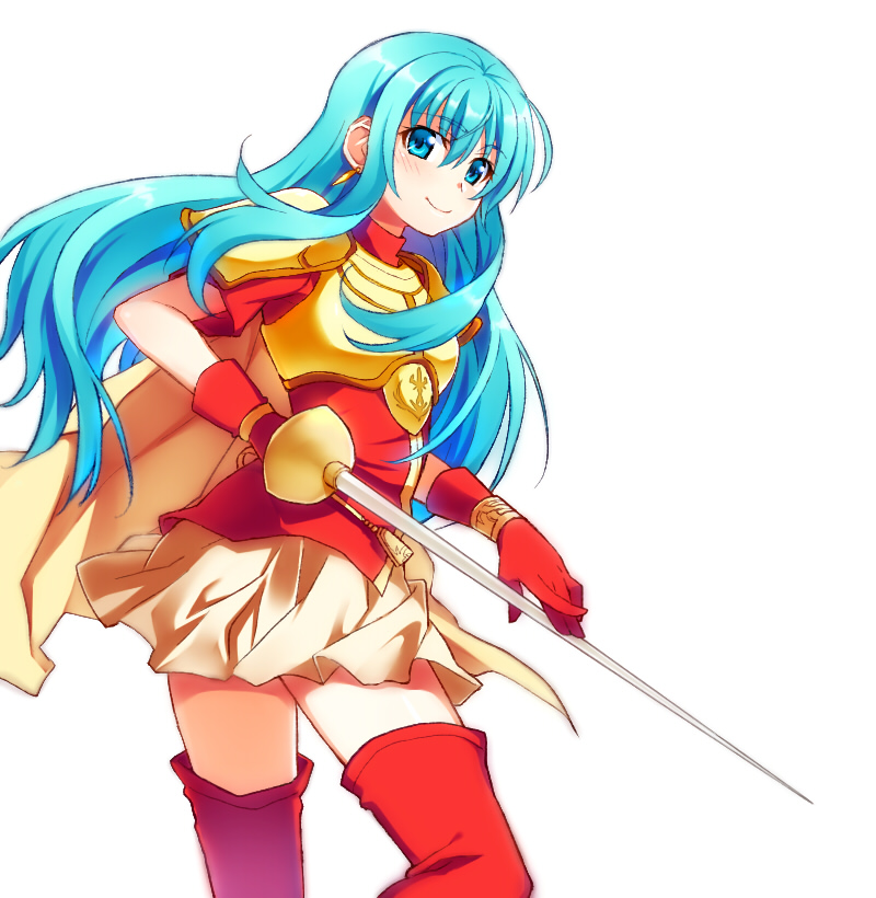 1girl aqua_hair armor blush boots bracelet breastplate cape earrings eirika_(fire_emblem) female_focus fire_emblem fire_emblem:_the_sacred_stones gloves hair_between_eyes holding holding_sword holding_weapon jewelry long_hair looking_at_viewer looking_back nintendo rapier red_boots red_gloves shoulder_armor simple_background skirt smile solo sword thigh_boots thighhighs weapon white_background white_cape white_skirt yuki_(sumaburalove)