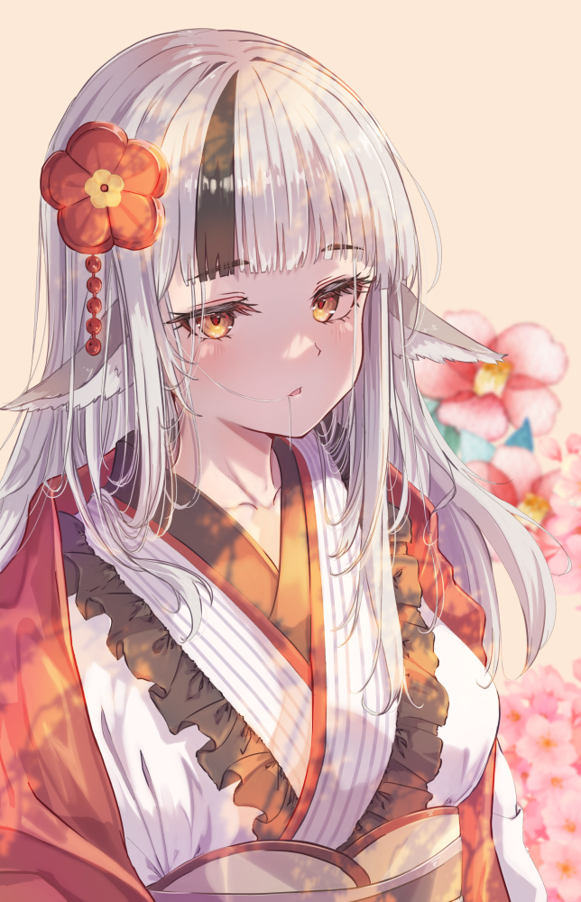 1girl animal_ears breasts collarbone drooling fire_emblem fire_emblem_fates fire_emblem_heroes flower frilled_kimono frills fuussu_(21-kazin) gradient_clothes gradient_kimono grey_hair hair_flower hair_ornament japanese_clothes kimono long_hair looking_at_viewer multicolored_hair nintendo official_alternate_costume saliva small_breasts solo streaked_hair tail two-tone_hair two-tone_kimono velouria_(fire_emblem) velouria_(new_year)_(fire_emblem) wolf_ears wolf_girl wolf_tail